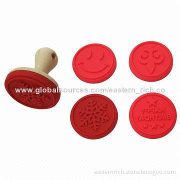 Silicone cookie stamper, 30 kinds of design, wooden handle, Ø7.5 x 10cm